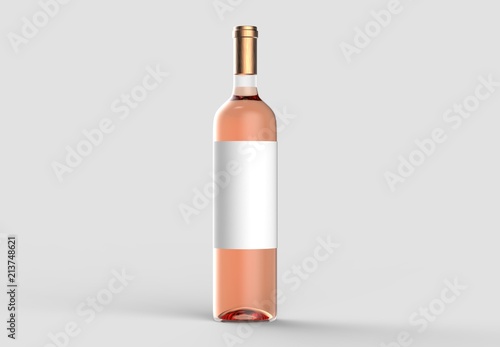 Wine bottle mock up with blank white label. Isolated on light gray background. 3D illustration.
