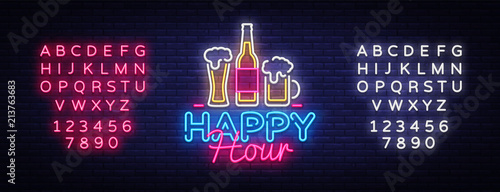 Happy Hour neon sign vector. Happy Hour Design template neon sign, Night Dinner, celebration light banner, neon signboard, nightly advertising, light inscription. Vector. Editing text neon sign