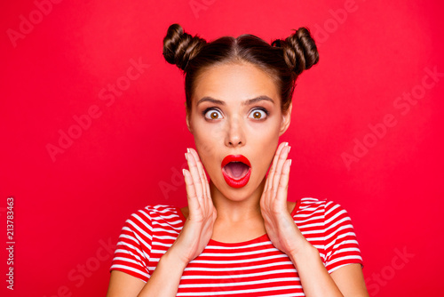 Say what? Close up portrait of shocked brunette girl with wide open mouth and big eyes hold palms near face isolated on red vivid background