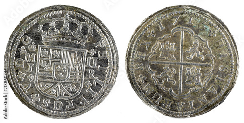 Ancient Spanish silver coin of the King Felipe V. 1716. Coined in Madrid. 2 reales.