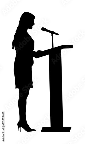 Public speaker standing on podium vector illustration isolated on white. Politician woman opening meeting ceremony event. Business woman speaking with public. Talking on microphone.