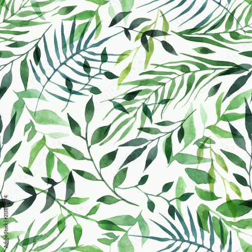 green leaves watercolor seamless pattern vector