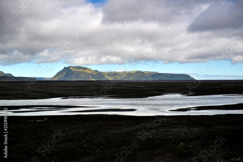 An icelandic landscape of black sand and distant mountains with in the fore ground a river