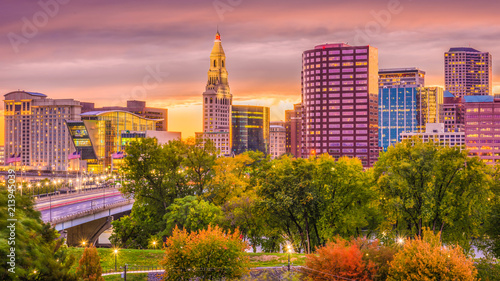 Hartford, Connecticut, USA downtown skyline at dusk in autumn.