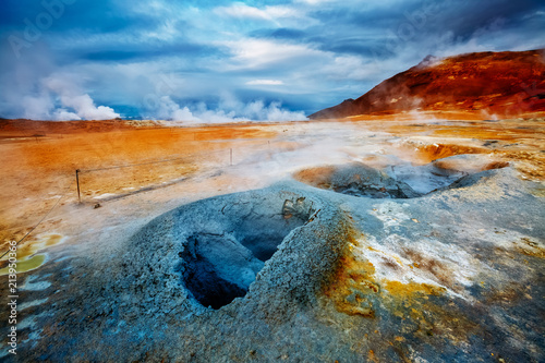 Ominous view geothermal area Hverir (Hverarond). Location place Lake Myvatn, Krafla, Iceland, Europe.