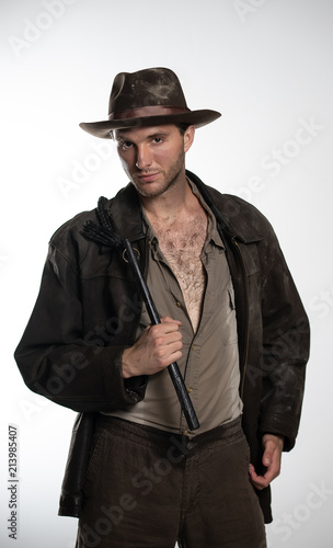 man with a rope in his hand, on a white background. Isolated.