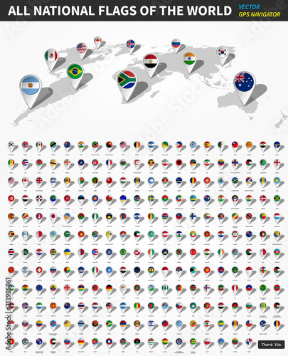 All official national flags of the world . GPS navigator location pin on perspective earth map in white background . Vector