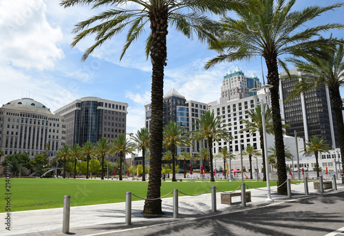 downtown Orlando skyline from street level