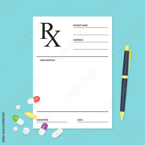 Empty medical prescription Rx form with pills