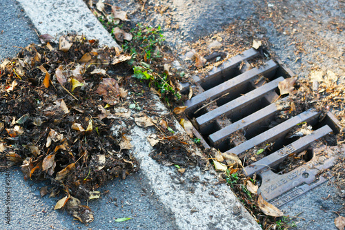 Abfluss einer Kanalistion an der Straße nach Regen, Ansammlung von Laub, Gulli, Herbst, Herbstlaub, Frühjahrsputz und Straßenpflage, die Strasse fegen und Abflüsse reinigen, Wartungsarbeiten