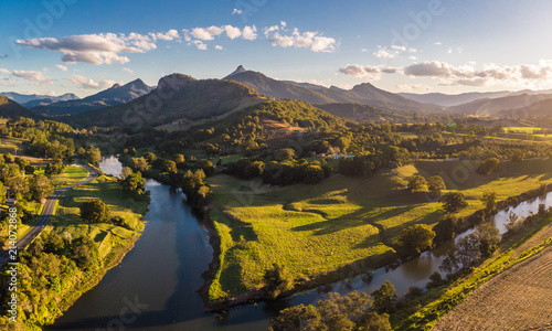 Drone view of Tweed River and Mount Warning, New South Wales, Australia