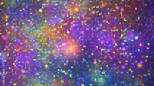 Abstract glittering geometric texture with orange, blue and violet pixels. Fantasy fractal design. Digital art. 3D rendering.