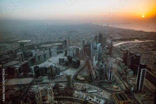 Aerial view of coastline Dubai at sunset