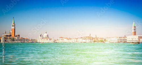 Venice skyline - San Giorgio island, Santa Maria della Salute and San Marco square waterfront, Venice, Italy, toned