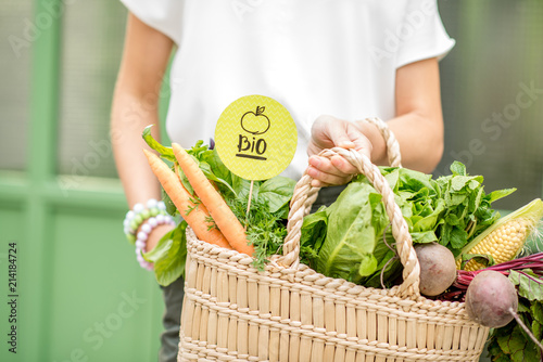 Holding bag full of fresh organic vegetables with green sticker from the local market on the green background