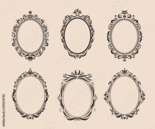 Decorative oval vintage frames and borders set. Victorian and baroque style design. Elegant royal-style frame shapes with swirls for labels,tags and invitations. Vector illustration.