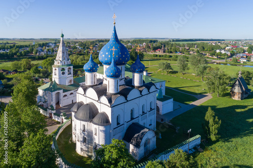 Suzdal, the Golden Ring of Russia. Aerial view of the Nativity Cathedral and the bell tower of the Suzdal Kremlin.