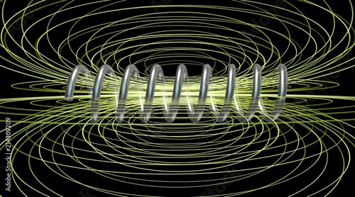 Solenoid field. Magnetic field lines. 3d rendering. Close side view