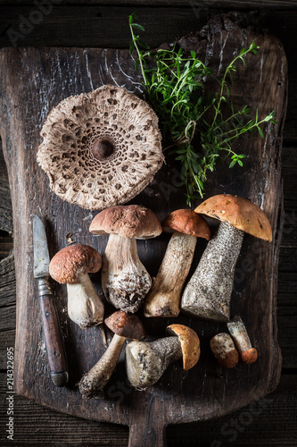 Mix of wild mushrooms and herbs on the old board