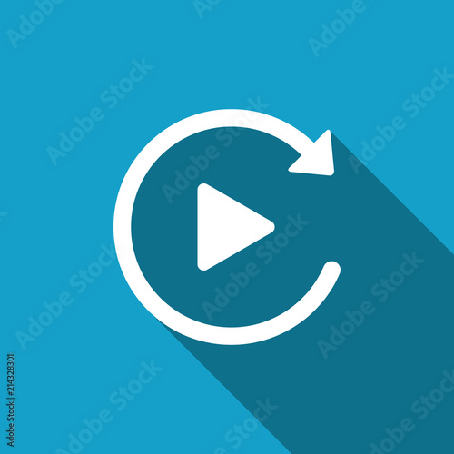 Video play button like simple replay icon isolated with long shadow. Flat design. Vector Illustration