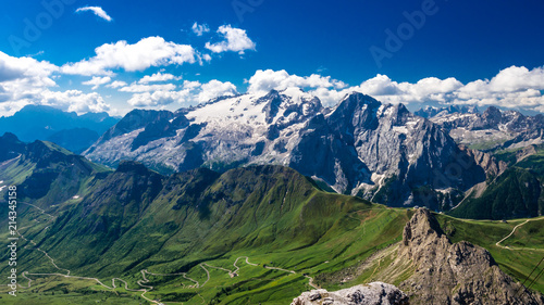 Marmolada massif, Dolomiti, Itay. Beautiful view over the Marmolada glacier and Pordoi Pass from gruppo Sella and Piz Boe peak