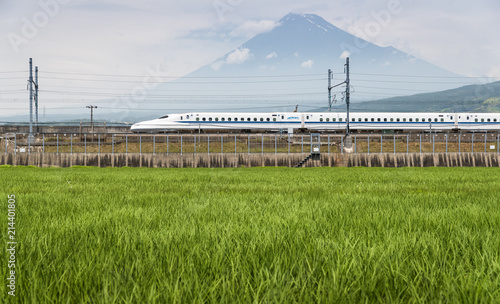 Shizuoka - July 03 : Shinkansen bullet train and Mountain Fuji on July 03 , 2017 , Shizuoka ,Japan. Shinkansen is world's busiest high-speed railway operated by four Japan Railways companies.