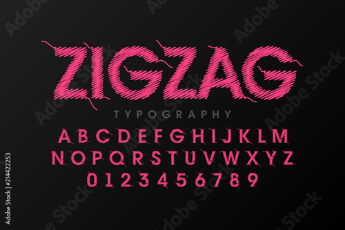 Zigzag font stitched with thread, embroidery font alphabet letters and numbers