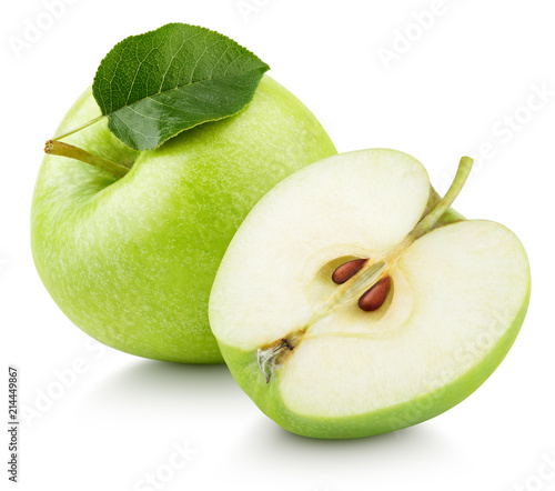 Dojrzała zielona jabłczana owoc z jabłczaną połówką i zielonym liściem odizolowywającymi na białym tle. Jabłka i liść z ścinek ścieżką