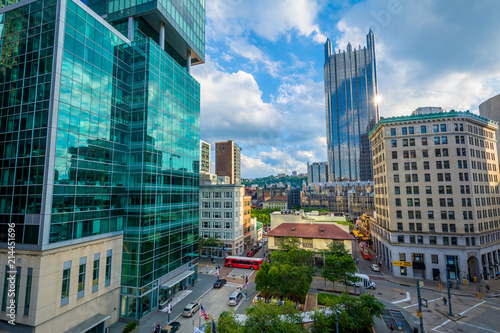 View of Triangle Park and modern buildings in downtown Pittsburgh, Pennsylvania.