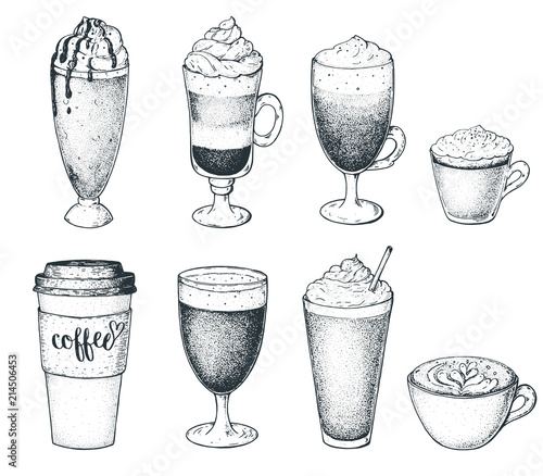 Set of coffee drinks, vector illustration. Sketch elements for coffee shop menu. Different coffee drinks.