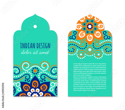 Indian badge set with bright colorful mehendi mandala ornament. Ethnic arabian ornamental label. Oriental tag design concept. Asian brochure template. Eastern style. EPS 10 vector. 