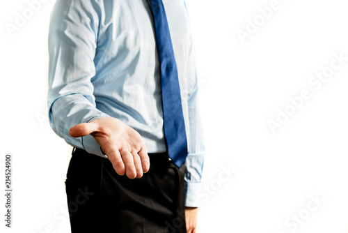 Man, male, businessman give helpfull hand isolated on white light background