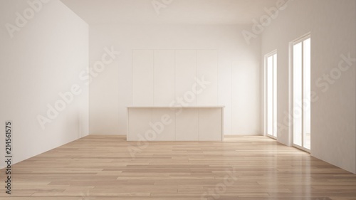 Minimalism, modern empty room with white hidden kitchen with island, parquet floor, white and wooden interior design