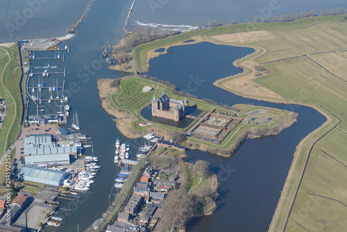 Port of Muiden with castle, top view of Muiderslot, The Netherlands