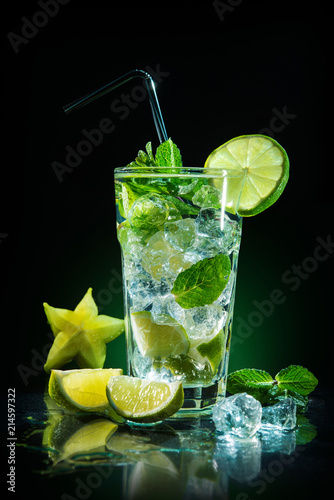 Mojito cocktail with fresh lime and mint