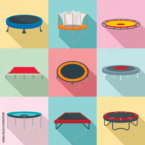 Trampoline jumping park joy icons set. Flat illustration of 9 trampoline jumping park joy vector icons for web