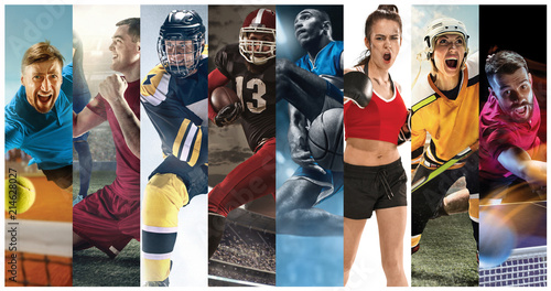 Kolaż sportowy o piłce nożnej, futbolu amerykańskim, koszykówce, tenisie, boksie, hokeju na lodzie i hokeju na trawie, tenisie stołowym