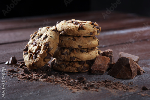 Chocolate cookies on table. Chocolate chip cookies shot with chocolate