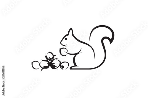 black icon of squirrel with nuts on white background