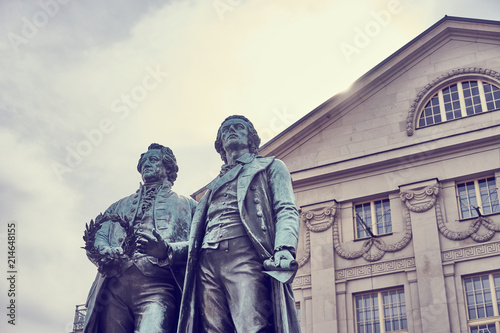 Famous sculpture of Goethe and Schiller in the city of Weimar in Germany / Most famous classical german authors / 18th century