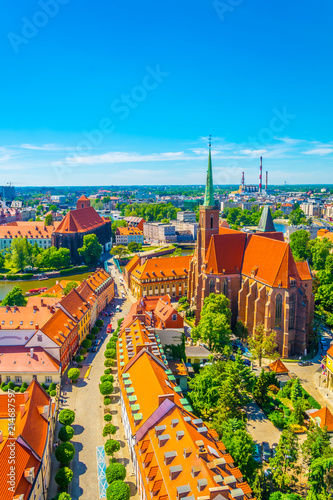 Aerial view of Wroclaw with church of our lady of the sand and church of the Holy Cross and St Bartholomew, Poland