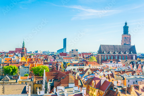 Aerial view of Wroclaw with the sky tower shopping mall and the town hall, Poland