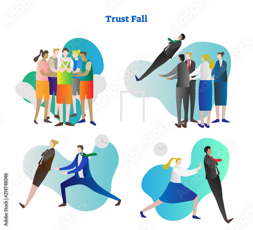 Trust fall vector illustration collection set. Various kinds of relying exercise. Team building and colleague cooperation in people group. Personality growth in danger.