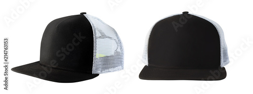 Front and side view of black baseball cap or trucker hat isolated on white background