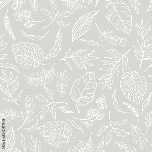 Vector elegant seamless background with foliage. Wedding endless pattern in light grey color. Leaves in line art style.