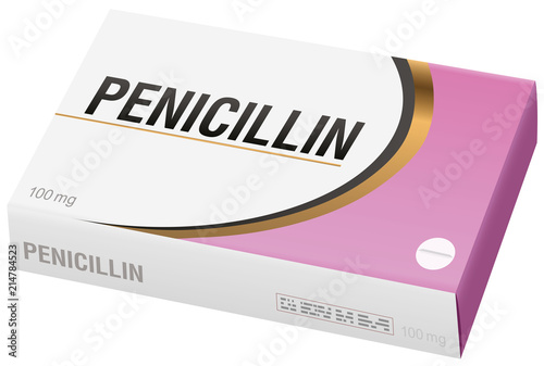 PENICILLIN - pharmaceutical fake package, isolated on white background.