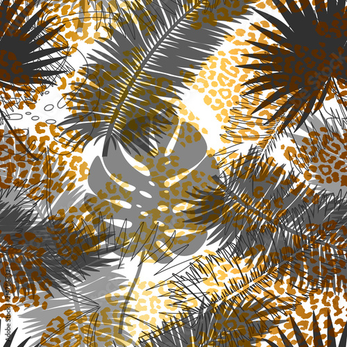 Beautiful trendy seamless exotic pattern with tropical plants and golden animal prints. Modern abstract design for paper, wallpaper, cover, fabric and other users. Vector illustration