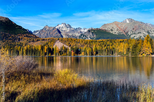 Mountain lake in the autumn season. Beautiful lake in Slovakia - Strbske Pleso. Saturated autumn colors.