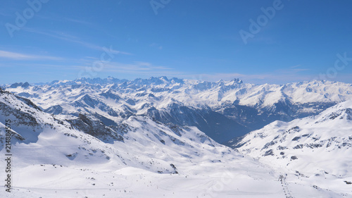 A Breathtaking Panorama of the Snowy Mountains and Skiers