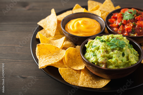 mexican nachos tortilla chips with guacamole, salsa and cheese dip